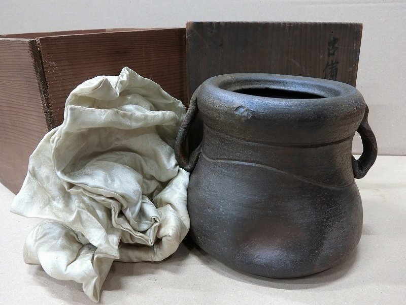 A4457 時代物 古備前 底に刻銘あり 耳付 水指 茶道具 江戸期