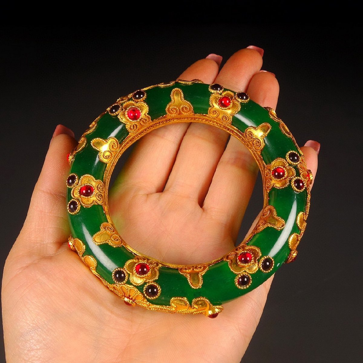 清】某有名収集家買取品 中国・清時代 天然翡翠 腕輪一双 極細工 古