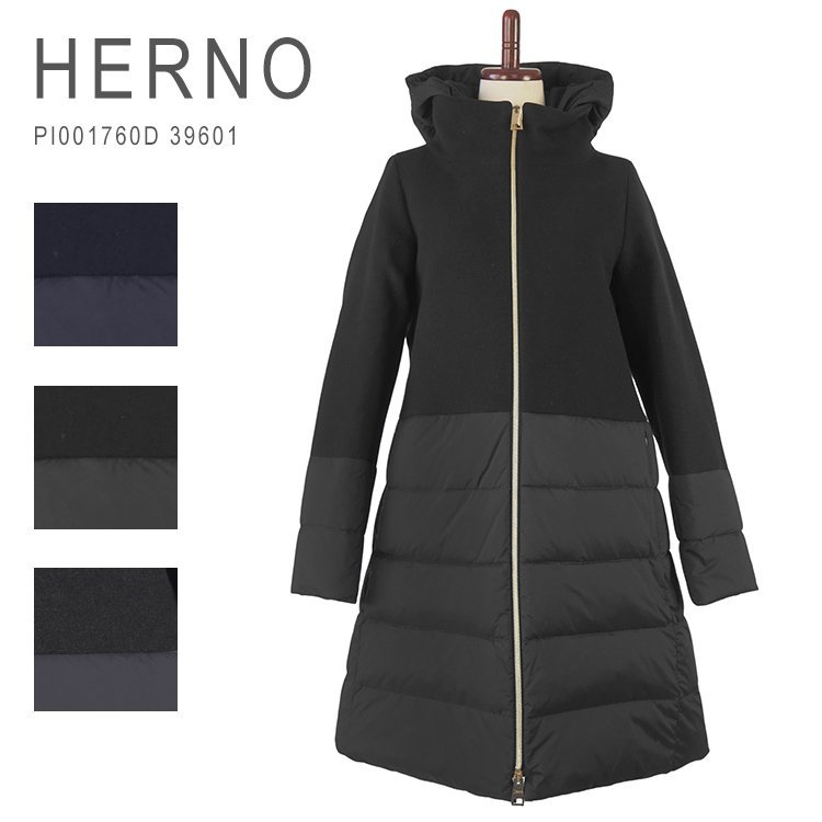 日本定価:217 800円 1円スタート ヘルノ ダウンコート ウール切替 フード付き ネイビー HERNO PI001760D 39601 ...