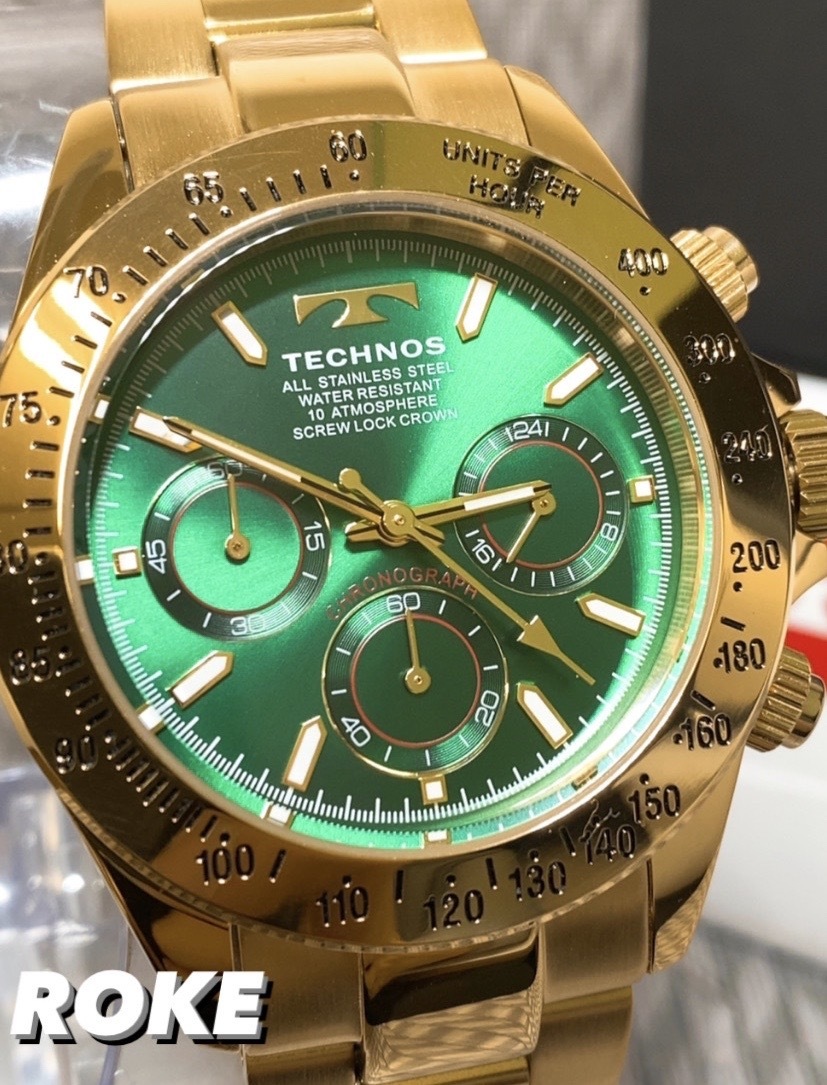 新品 テクノス TECHNOS 正規品 クロノフラフ 腕時計 ゴールド×グリーン 