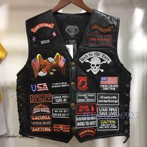 T412☆新品ベストメンズレザーベスト刺繍バイクベストライダースベスト革ジャンカジュア
