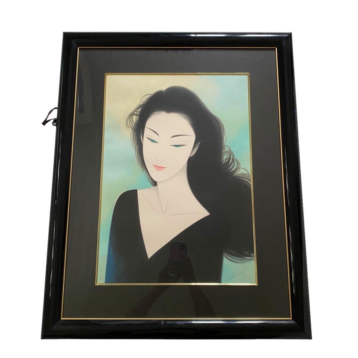 1円スタート 極上美品 鶴田一郎 「黒い髪」 リトグラフ 額装 サイン有