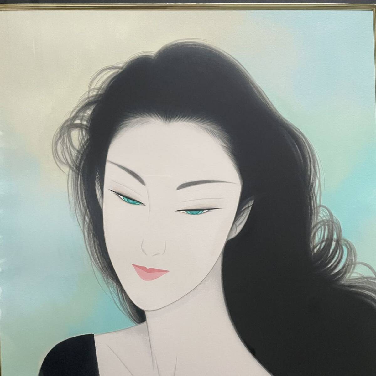 1円スタート 極上美品 鶴田一郎 「黒い髪」 リトグラフ 額装 サイン有