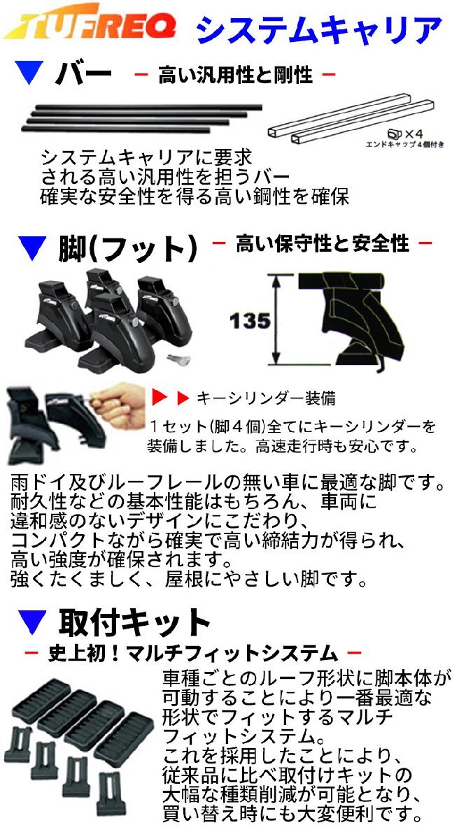 ラパン HE22S 全車 システムキャリア VB6 FFA1 TC1 1台分 2本セット タフレック TUFREQ ベースキャリア ラパン HE22S 全車 全車用 ☆TUFREQシステムキャリア 屋根置き