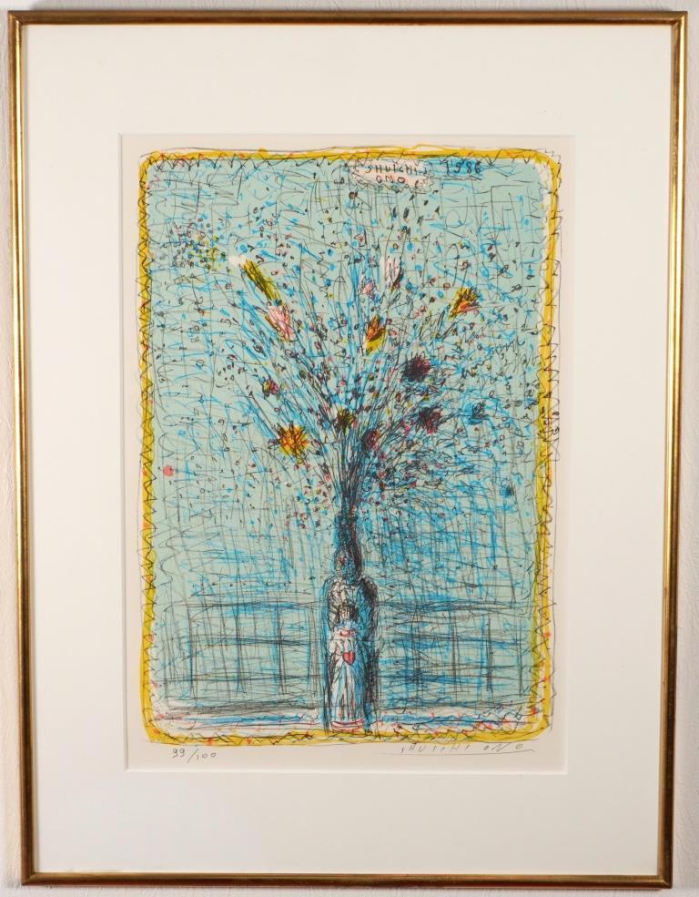 小野州一『花瓶の花』◇リトグラフ◇直筆サイン有◇実力作家！北海道立