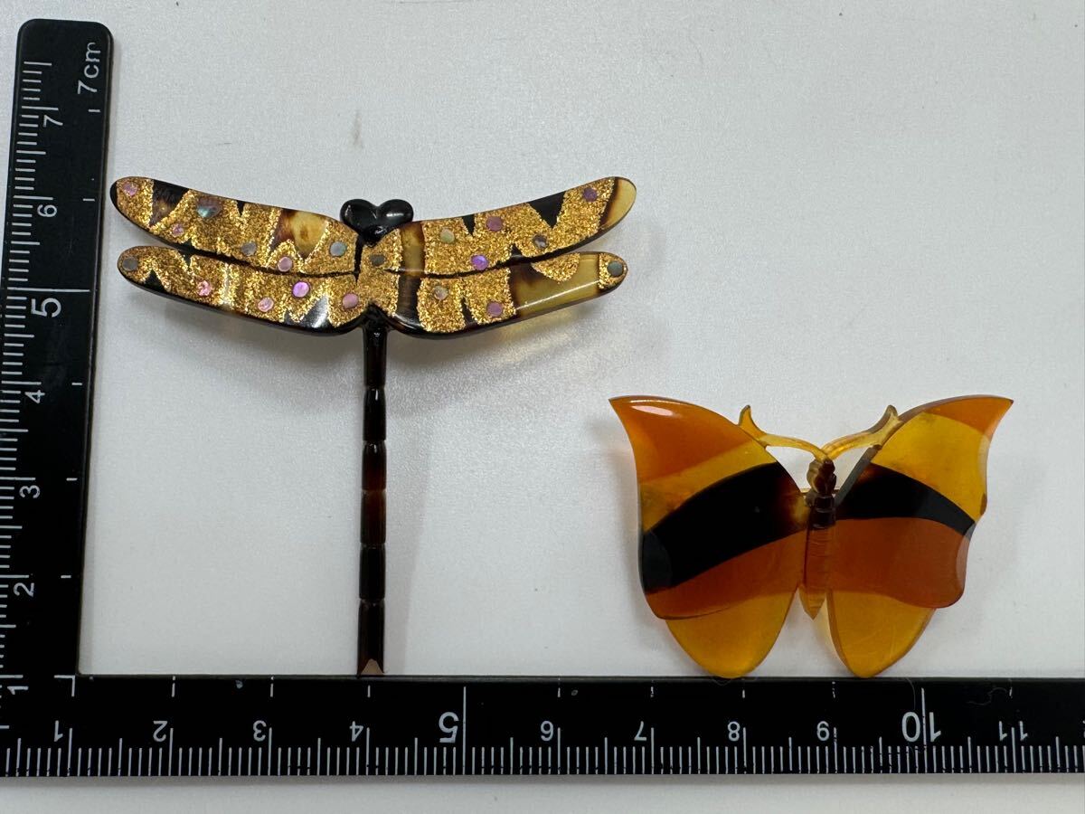 0110】 鼈甲 べっ甲 蒔絵 蝶 トンボ ブローチ ヴィンテージ