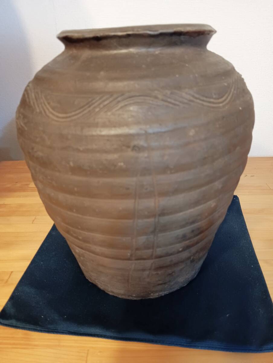 室町末期 古備前 波状文壺21cm 岡山備前焼陶友会 古備前鑑定委員会鑑定