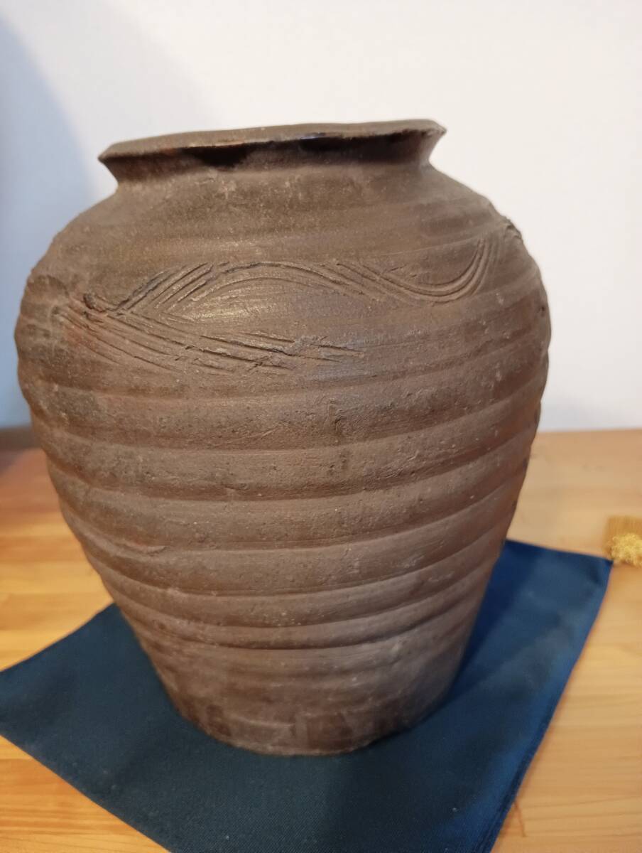 室町末期 古備前 波状文壺21cm 岡山備前焼陶友会 古備前鑑定委員会鑑定