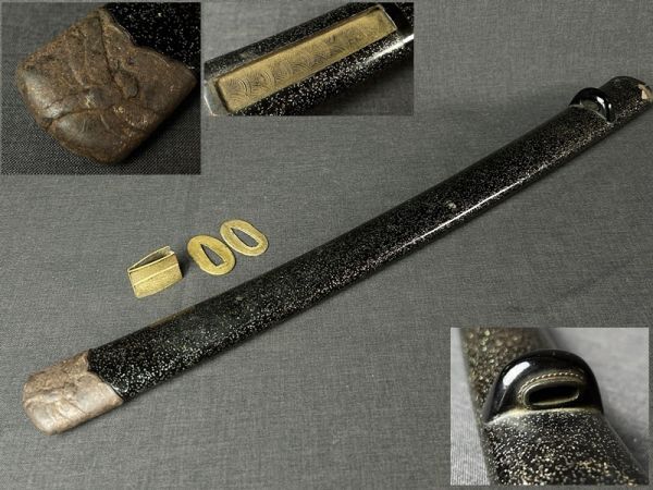 刀剣美術 黒鞘 螺鈿 古鉄金彩蜻蛉頭 銅製金被せハバキ切羽◇武具/刀