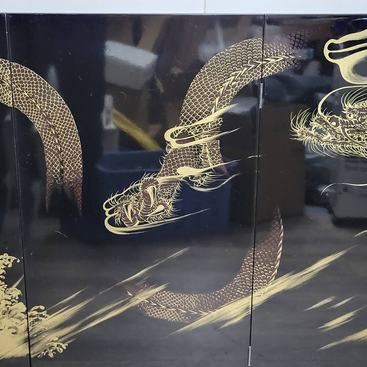 1000円スタート 屏風 衝立 黒塗 龍/虎 天龍 W90×H84cm 2枚