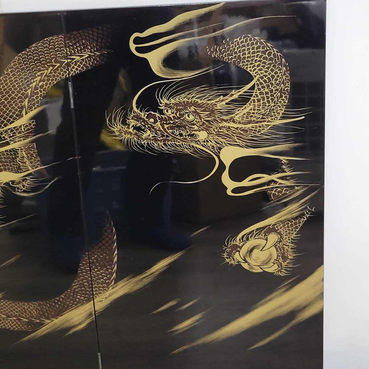 1000円スタート 屏風 衝立 黒塗 龍/虎 天龍 W90×H84cm 2枚
