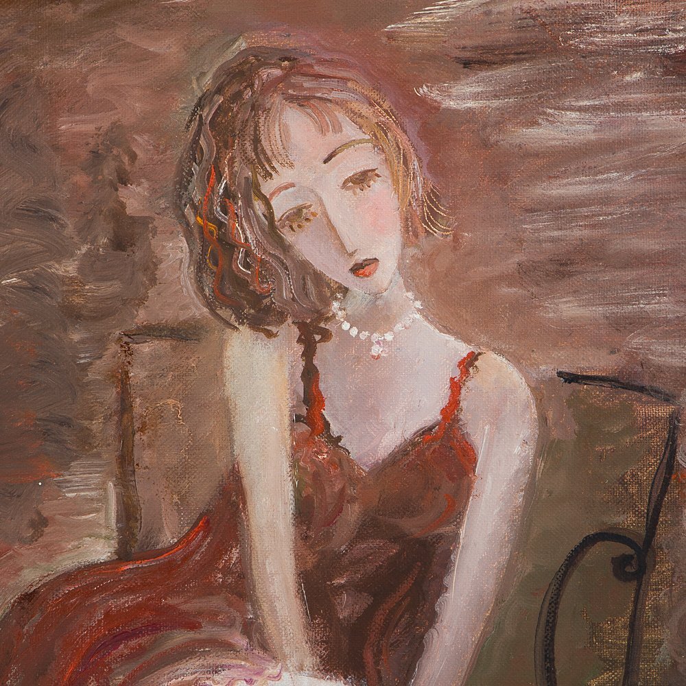 五】真作 織田広比古 『赤いキャミソールの女』 油彩 キャンバス 4号