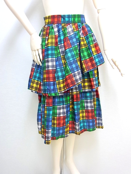 LANVINランバン☆レトロ3段フリルロングスカート チェック8781g