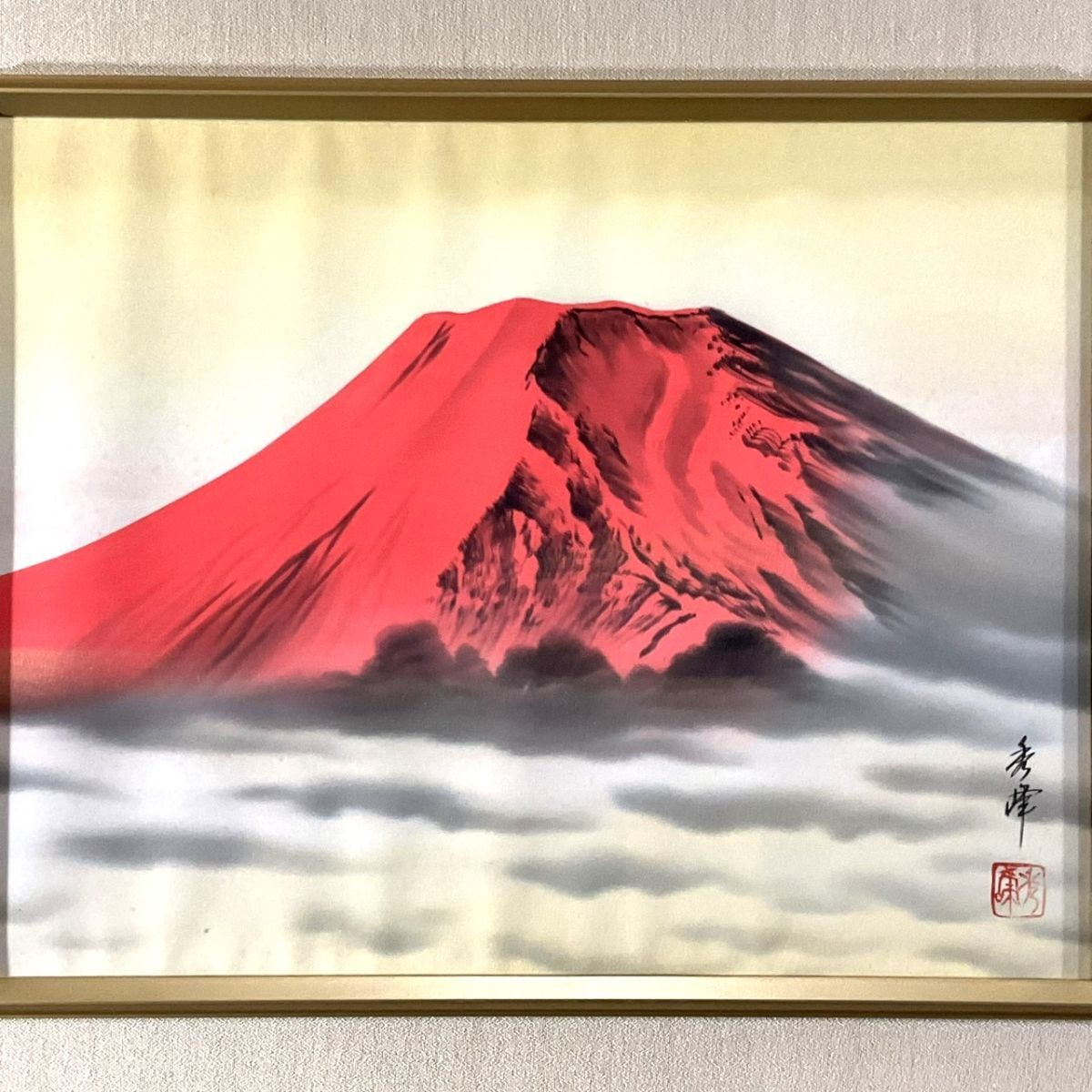 日本画 秀峰作 日本画「赤富士」 真作□日本画□中島秀峰□『赤富士』□実力作家□美しい逸品□額付絵画