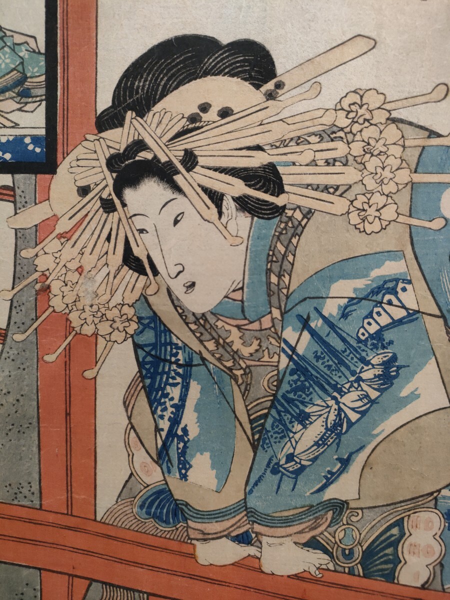 花魁!江戸期/真作 歌川豊国「全盛百人首 扇屋内花鳥」本物浮世絵木版画