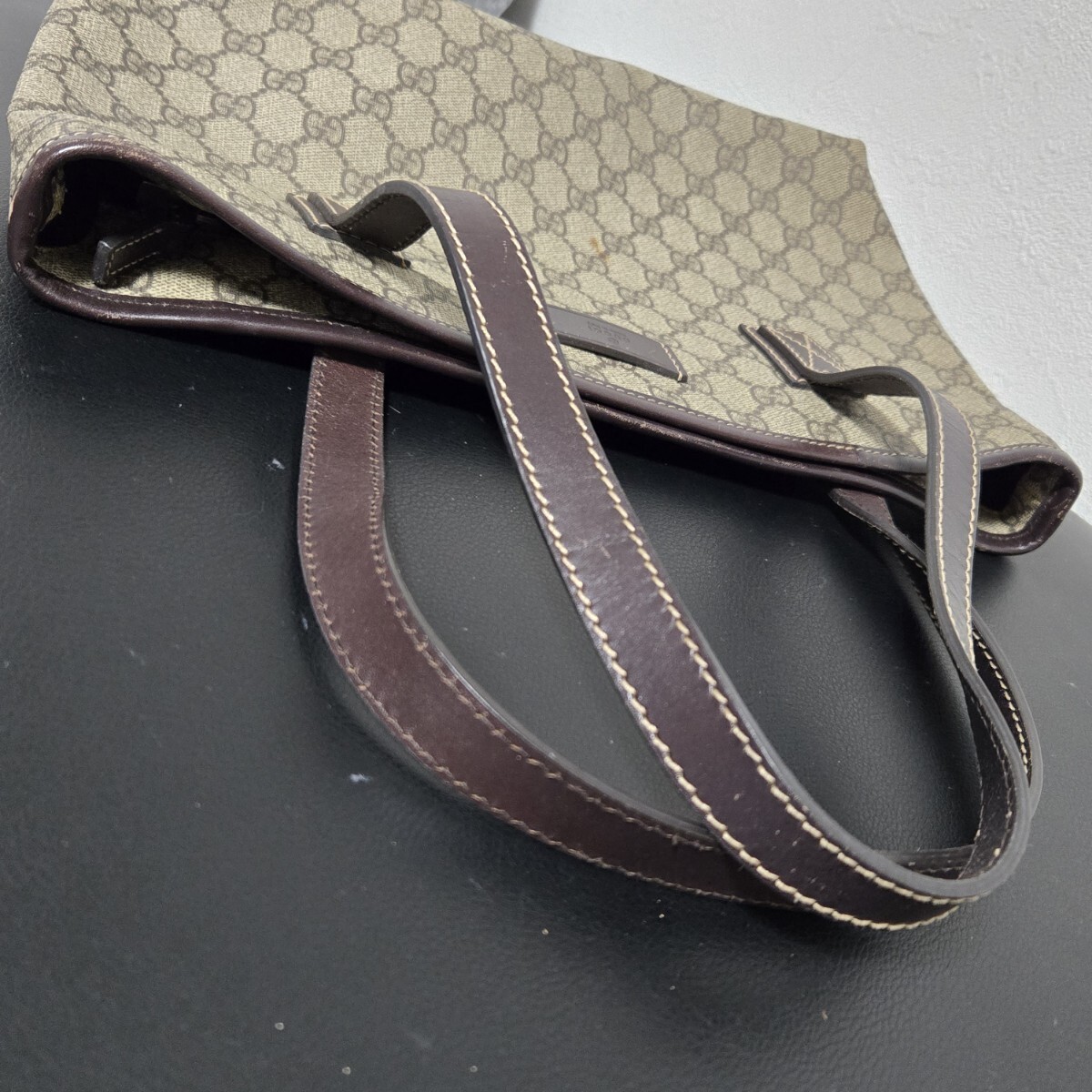 GUCCIトートバッグ GGスプリーム PVC ブラウン ピンク A4 1円