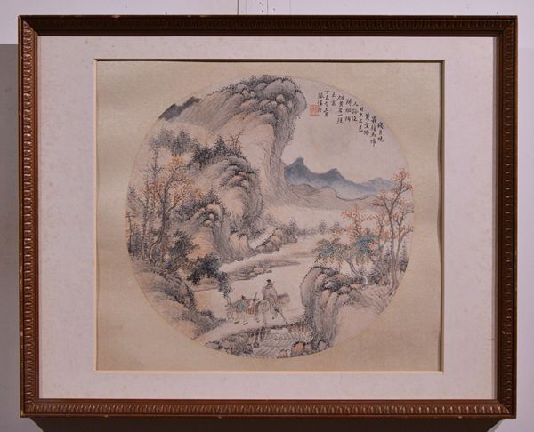 瓢】中国 張震(張偉卿) 円窓山水 浙江海寧人 文物商店 民国期 額装 瓢