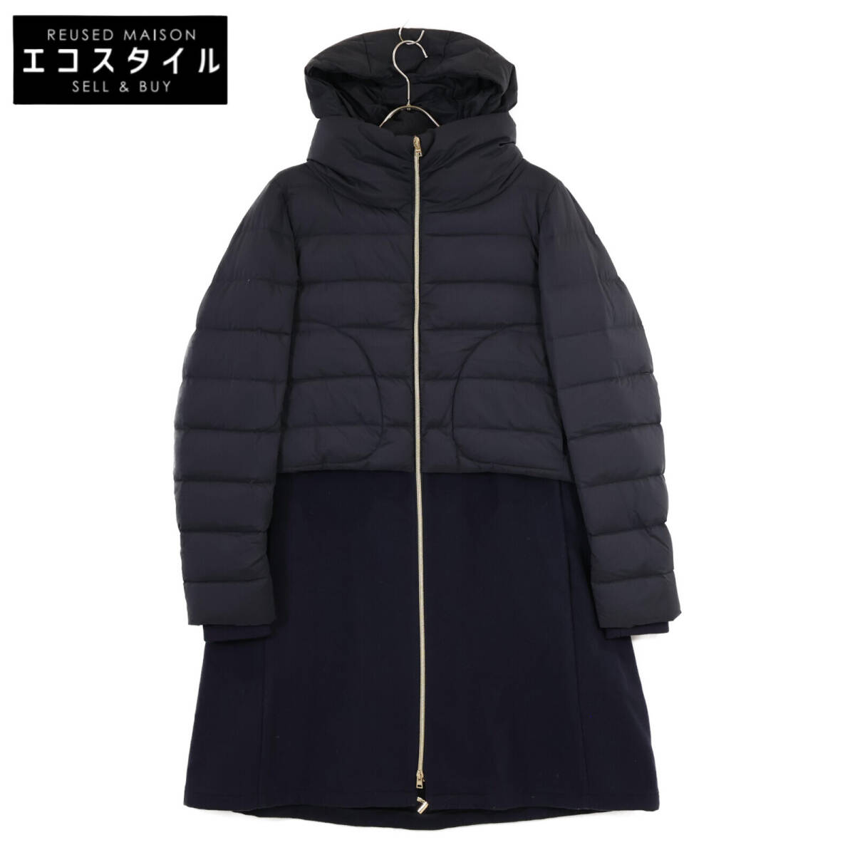 国内正規/ HERNO ヘルノ PI1214D-19288 ウール/ナイロン切替 フード付ダウン コート 44 ネイビー レディース(Lサイズ ...