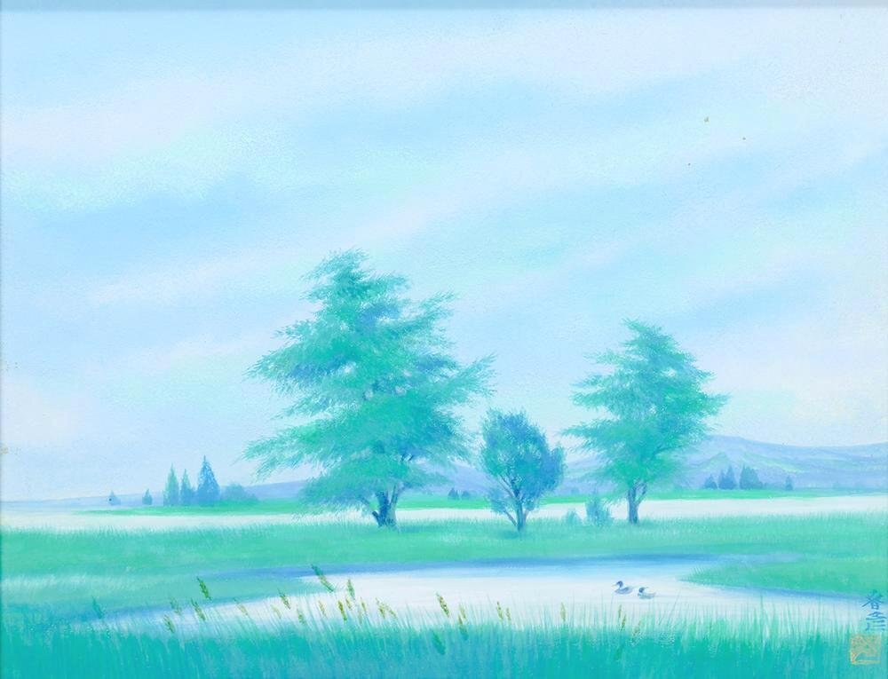 真作】【WISH】川崎春彦「游」日本画 10号 共シール ◇清爽 水辺美情景