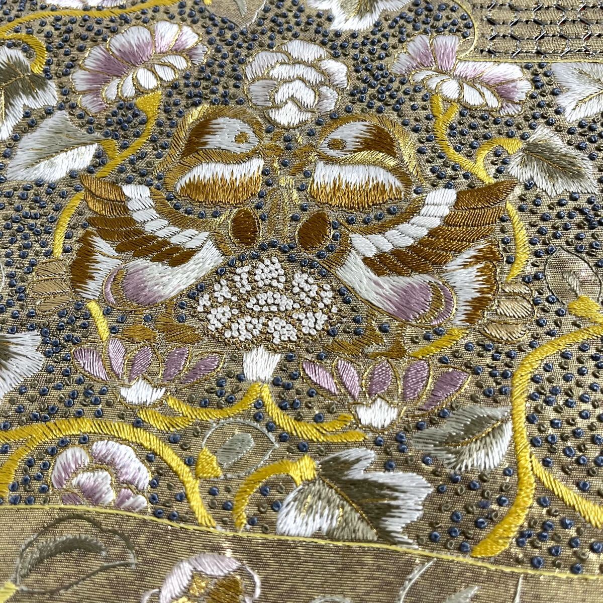 No.310 中国三代刺繍 汕頭・相良・蘇州刺繍 華文 鳥 六通袋帯 正絹 傷