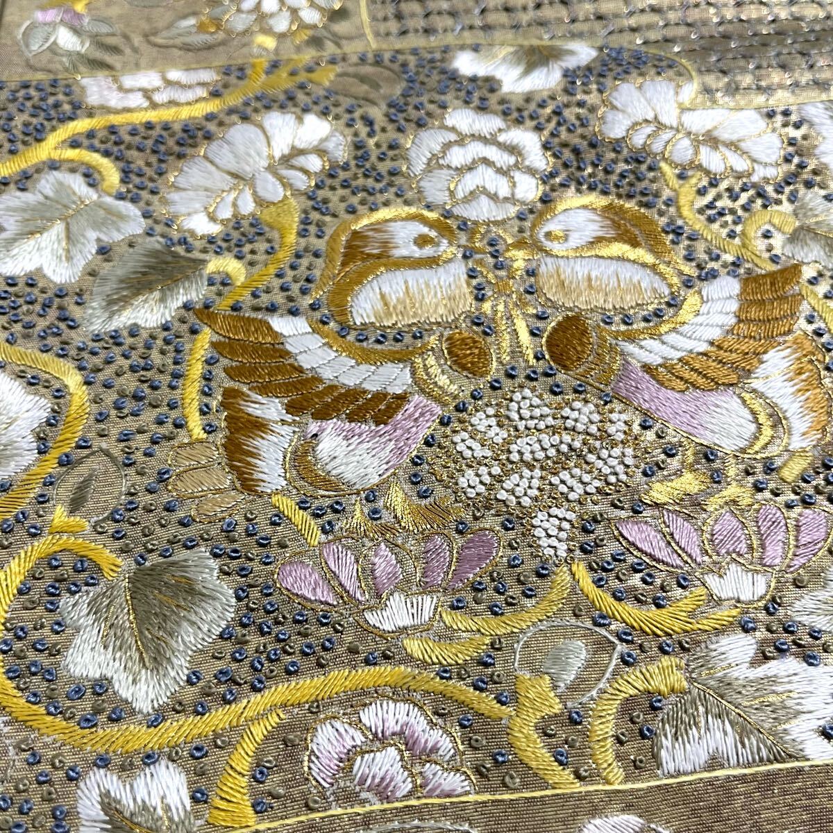 No.310 中国三代刺繍 汕頭・相良・蘇州刺繍 華文 鳥 六通袋帯 正絹 傷