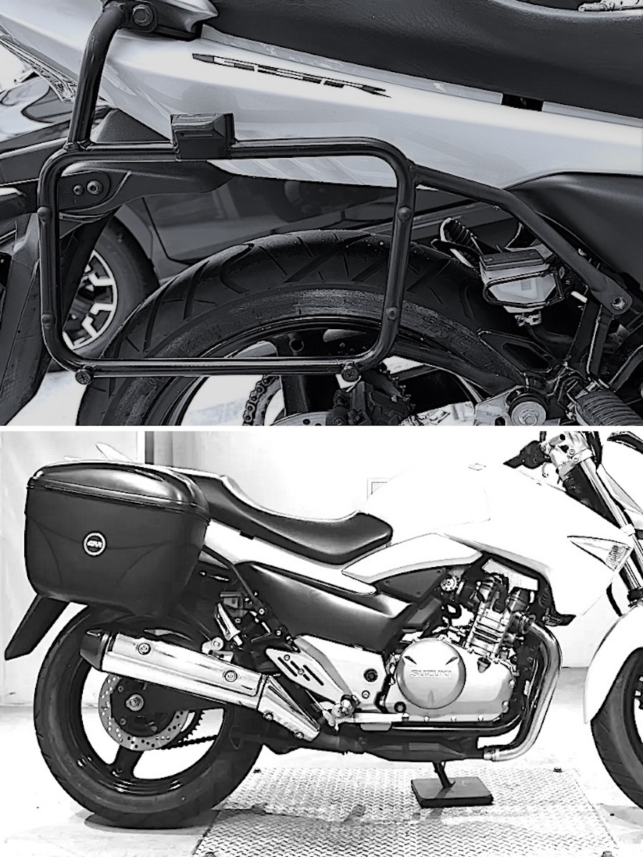 新作入荷,限定SALE 【取付部品を追加しあらためて出品】GIVI E21 サイドパニアケース + モトコSUZUKI GSR250用サイドマウント 両側2個セット 鍵4個付き 中古