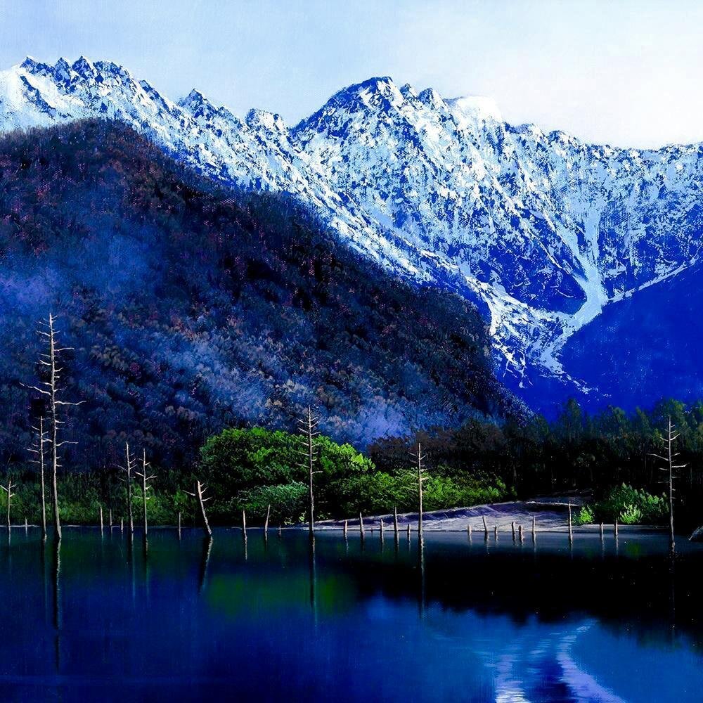 真作】【WISH】坪井志朗「上高地(大正池)」油彩 20号 大作 ◇湖と雪山