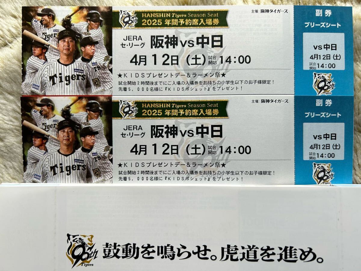4月12日 阪神対中日 ブリーズシート ペアチケット 2枚セット 甲子園