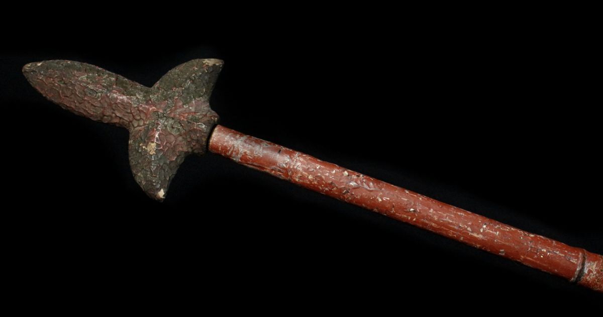 LIG】時代朱塗槍拵 200㎝ 螺鈿細工 登録不要 三角槍 13.6㎝ 時代武具