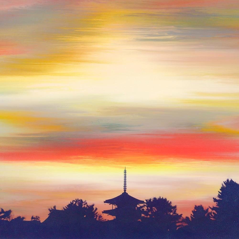 真作】【WISH】鎮西直秀「瑞景 法隆寺図」油彩 10号 一枚の絵取扱作