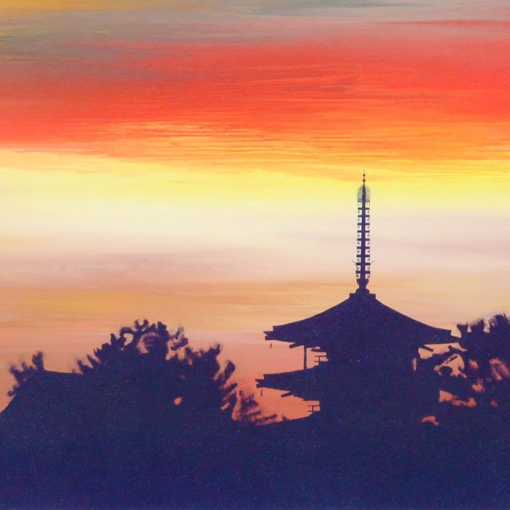 真作】【WISH】鎮西直秀「瑞景 法隆寺図」油彩 10号 一枚の絵取扱作