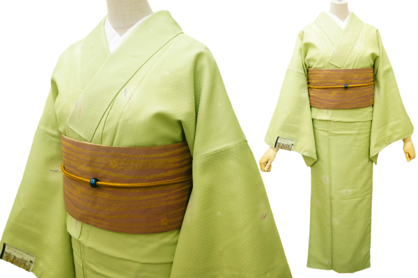 小紋　京染め袷きもの　ポリエステル　若菜色　唐辛子　Ｌサイズ