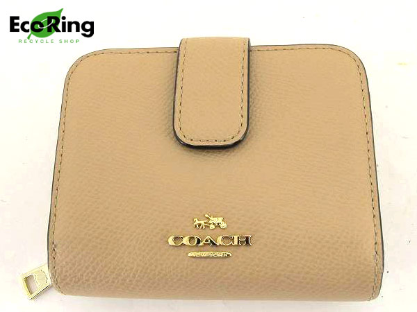 1円 超美品 コーチ ラウンド 二つ折 レザー 財布 ベージュ BQ726