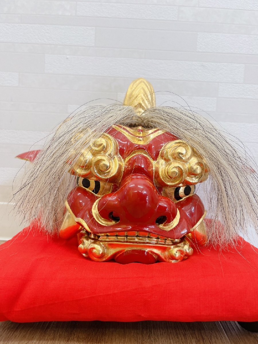 古美術品 加賀獅子 獅子頭 置物 赤座布団/台付 20×26㎝ 縁起物 魔除け