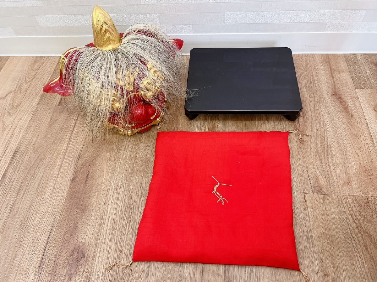 古美術品 加賀獅子 獅子頭 置物 赤座布団/台付 20×26㎝ 縁起物 魔除け