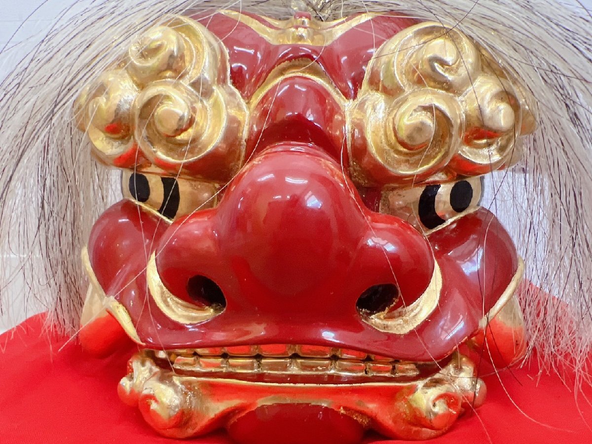 古美術品 加賀獅子 獅子頭 置物 赤座布団/台付 20×26㎝ 縁起物 魔除け