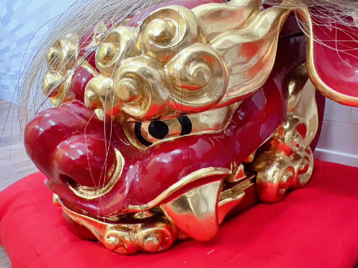 古美術品 加賀獅子 獅子頭 置物 赤座布団/台付 20×26㎝ 縁起物 魔除け