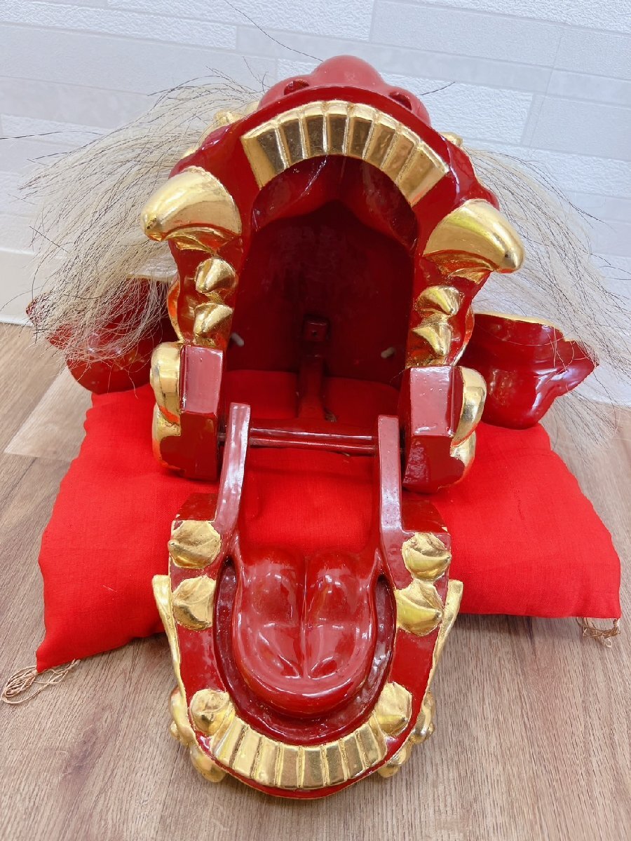 古美術品 加賀獅子 獅子頭 置物 赤座布団/台付 20×26㎝ 縁起物 魔除け