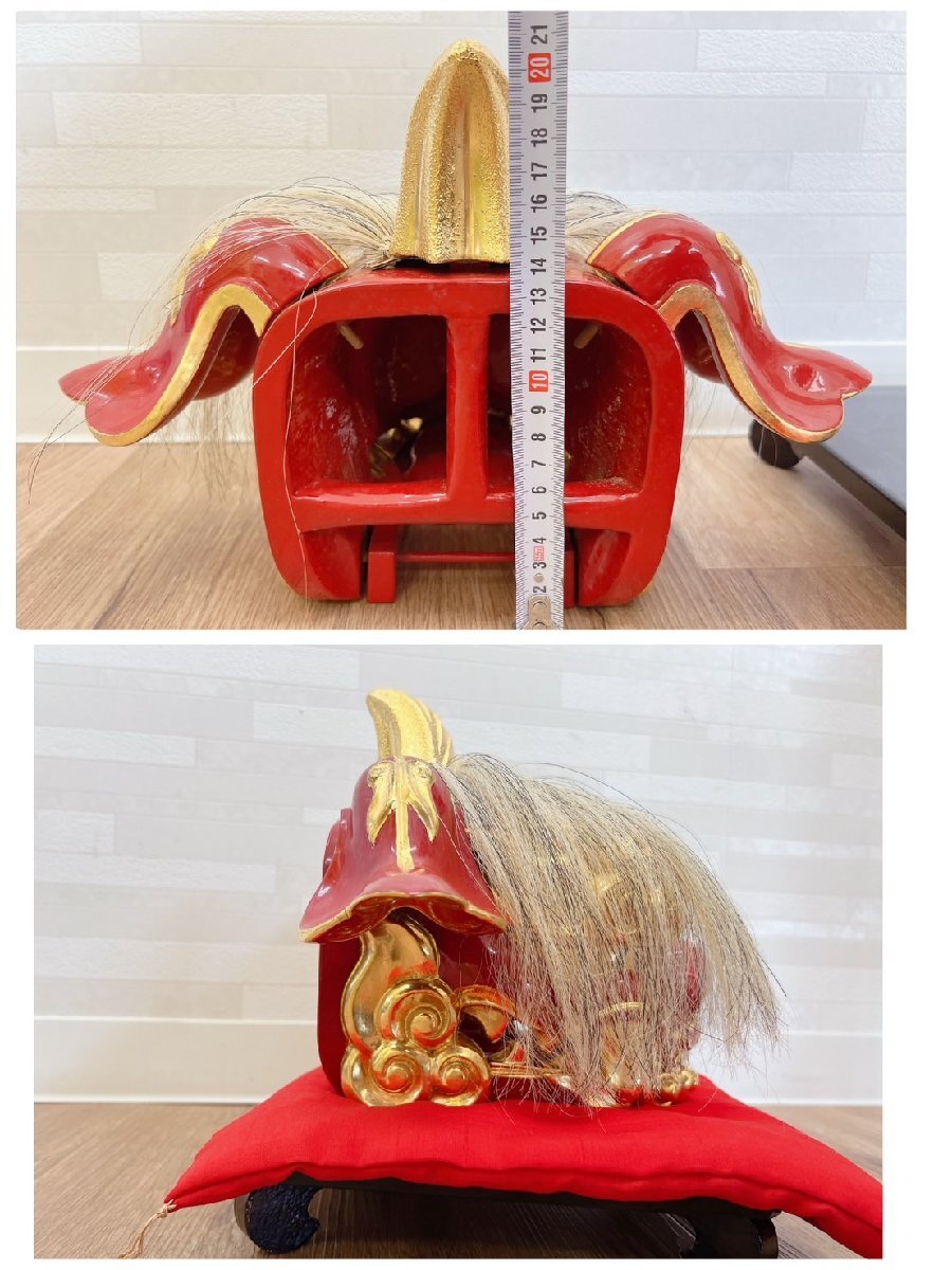 古美術品 加賀獅子 獅子頭 置物 赤座布団/台付 20×26㎝ 縁起物 魔除け