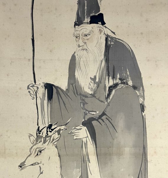 SM0105［真作］尾竹竹坡「鹿寿老人」掛軸 絹本 人物画／日本画家 笹田