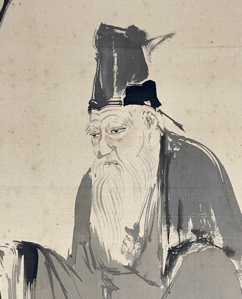 SM0105［真作］尾竹竹坡「鹿寿老人」掛軸 絹本 人物画／日本画家 笹田