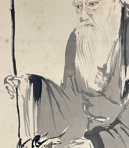 SM0105［真作］尾竹竹坡「鹿寿老人」掛軸 絹本 人物画／日本画家 笹田