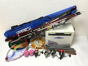 釣りまとめ売り 17点セット ロッド リール クーラーボックス 網 糸 現状品 ジャンク含む