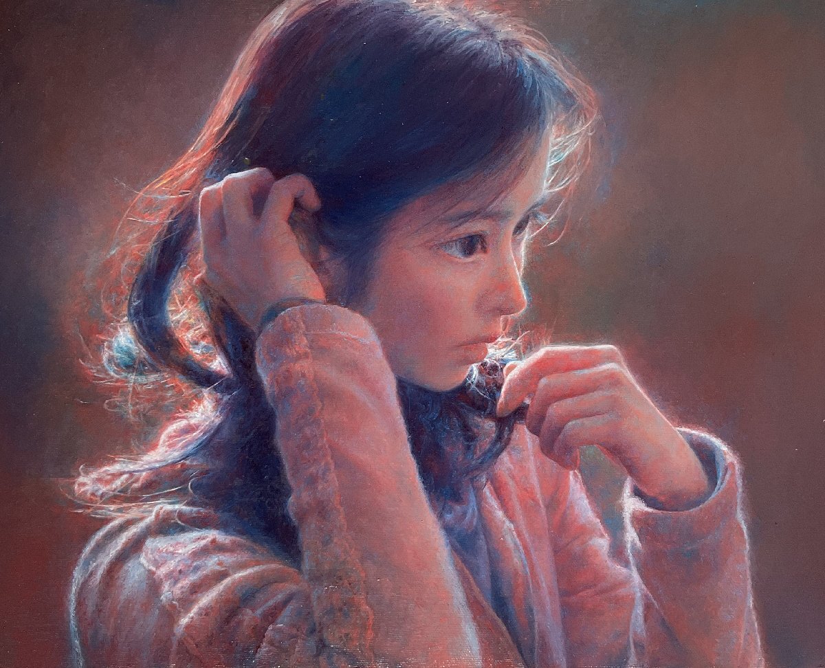 浅村　理江、パステルピンク、希少画集画、高級新品額・額装付 代理出品】浅村理江(1987-) カワイイ！油彩10号『茜色の光』2020年制作