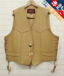 3J8046/HEAVY FOR BIKERS コンチョボタン×ビーズ レザーベスト ヘヴィーフォーバイカー