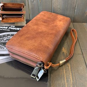 E2■高級 ムラ染め イタリアンレザー 本革 ダブルラウンドファスナー 財布■ブラウン 茶