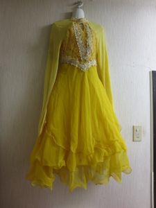 ★社交ダンス★　衣装　舞台衣装　豪華　刺繍　レース　フリル　イエロー　ロングドレス