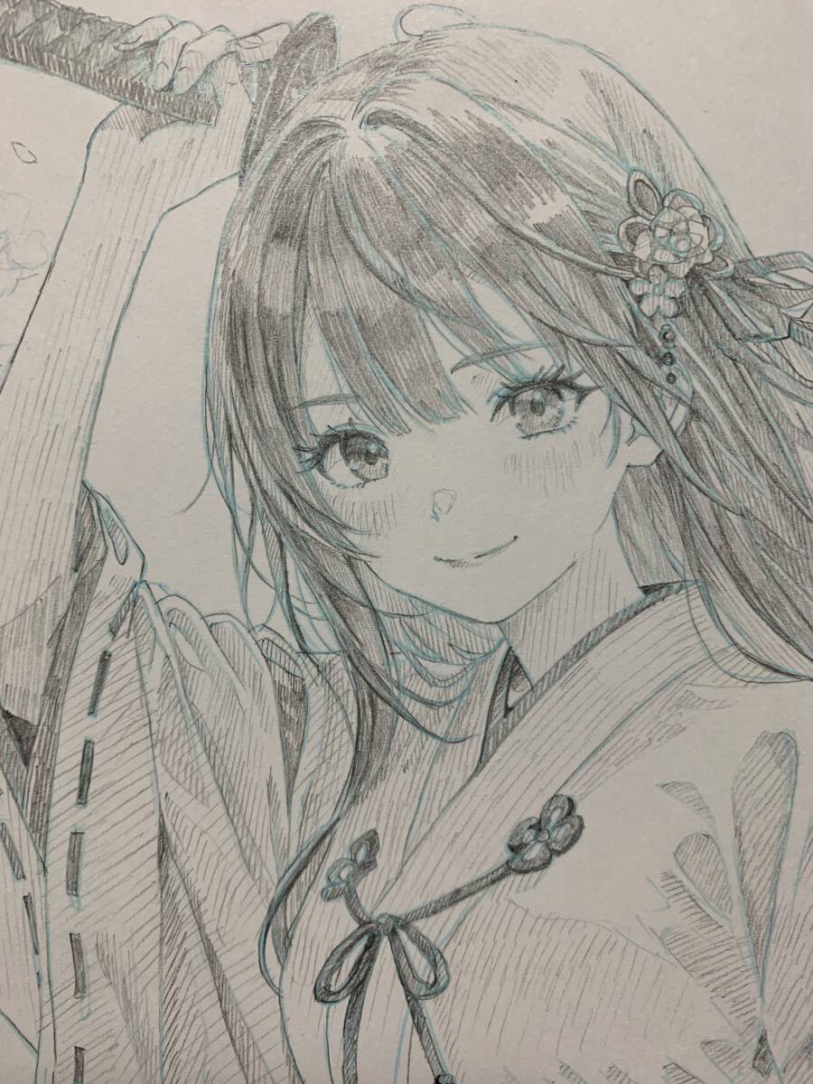 手描きオリジナルイラスト 巫女 和装 アニメ 創作 キャラクター 鉛筆画