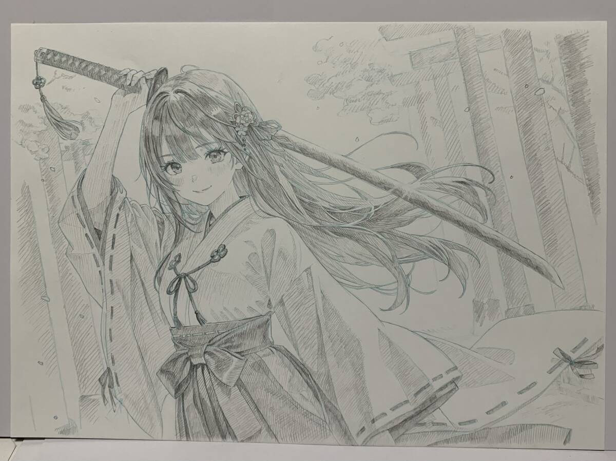 手描きオリジナルイラスト 巫女 和装 アニメ 創作 キャラクター 鉛筆画