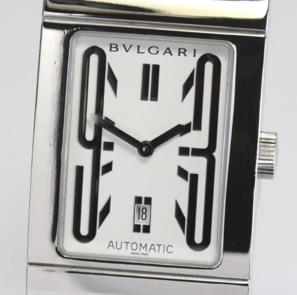 【ブルガリ】 レッタンゴロ RT45S ホワイト 自動巻き 革 メンズ